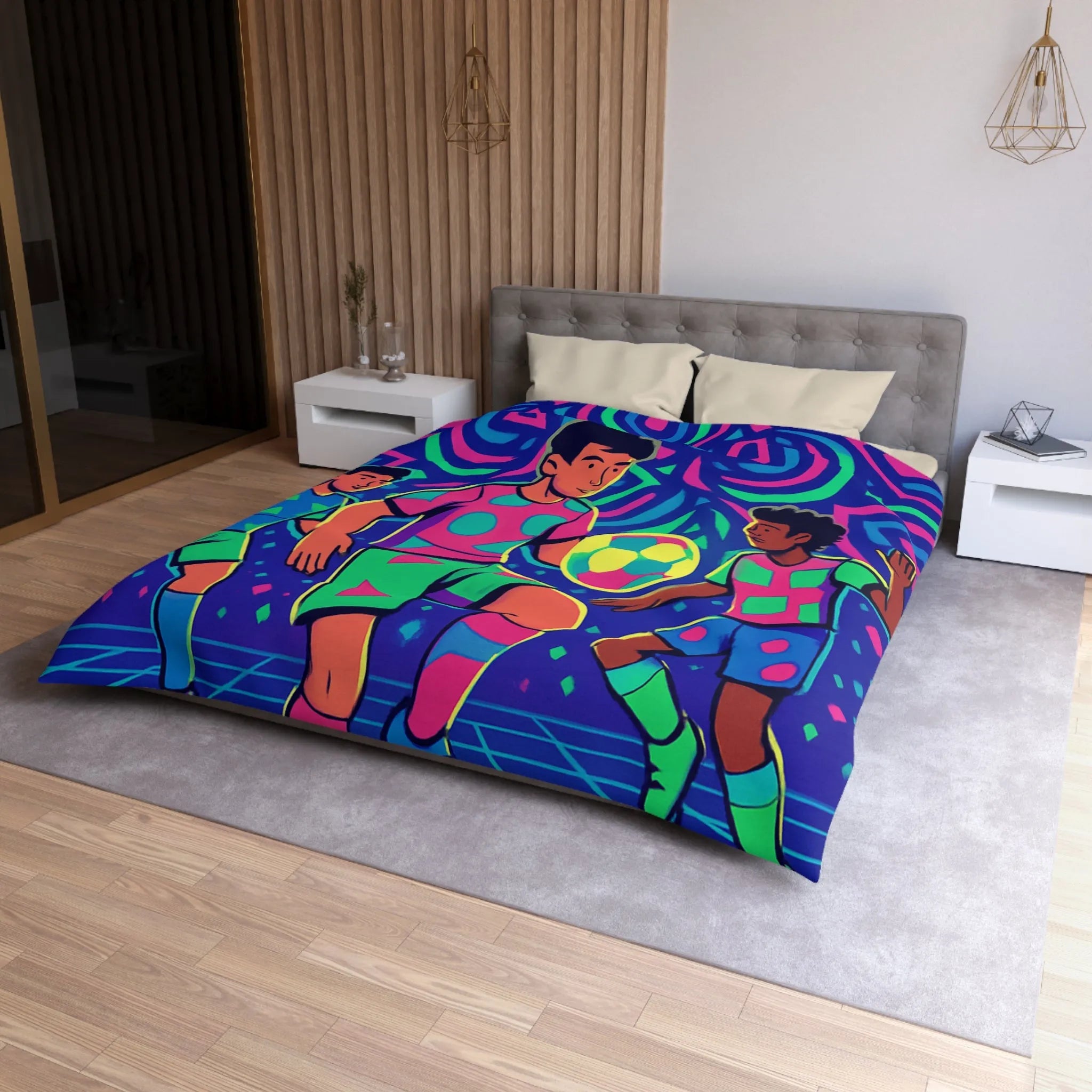 Housse de Couette Football Colorée avec Motifs Psychédéliques et Jeunes Joueurs en Action