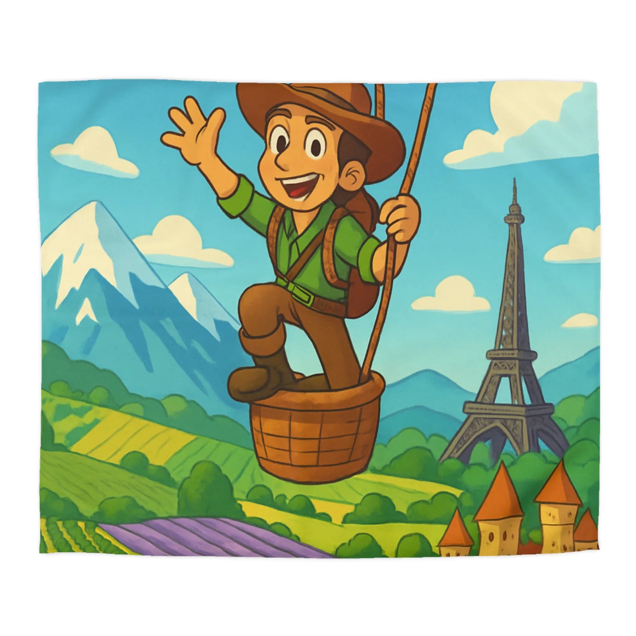 Charmant voyageur en montgolfière surplombant paysages français, champs et monuments emblématiques