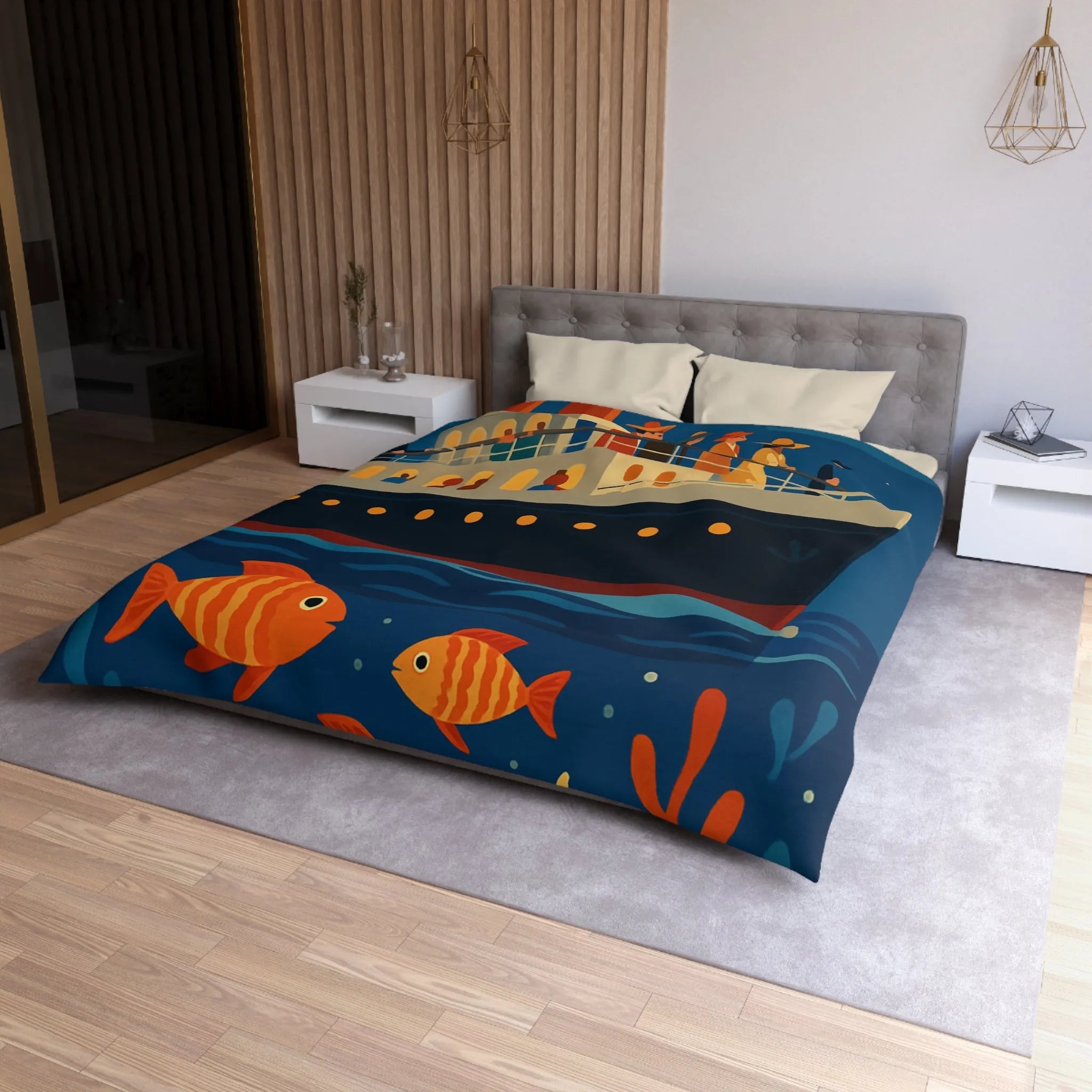 Housse de couette bateau rétro, poissons colorés, ambiance marine, nuit étoilée