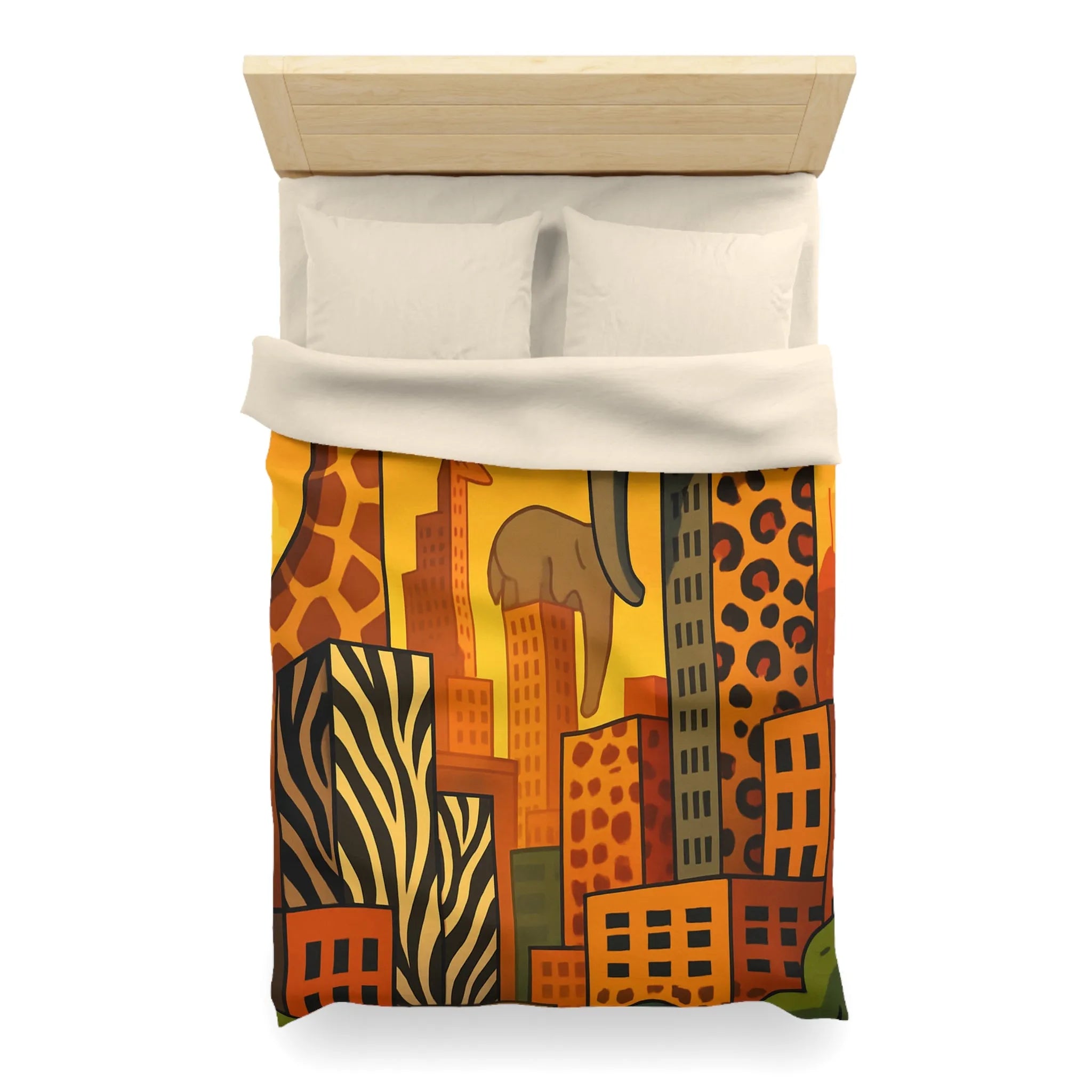 Housse de couette jungle urbaine : gratte-ciel animaux dans tons chauds, motif sauvage