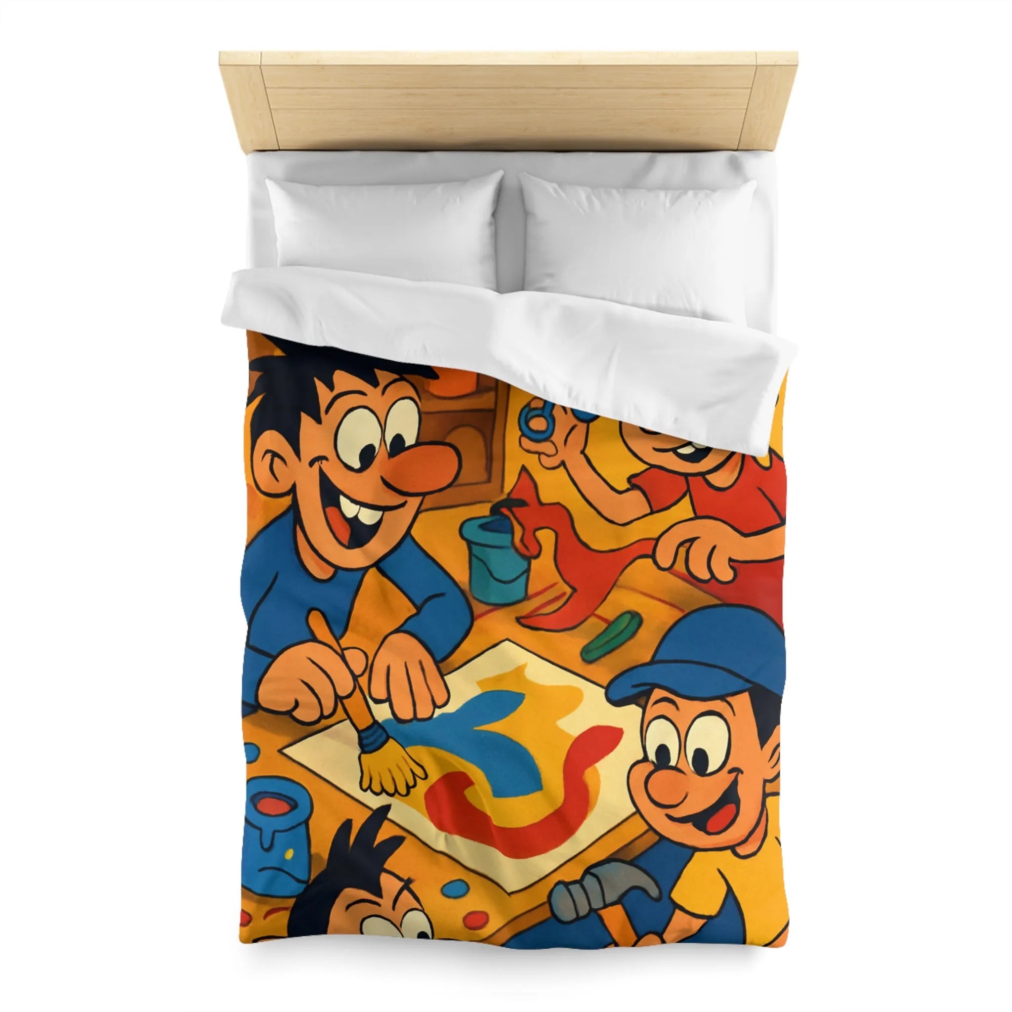 Housse de couette coloriée ludique avec enfants joyeux peignant et créant ensemble dans atelier