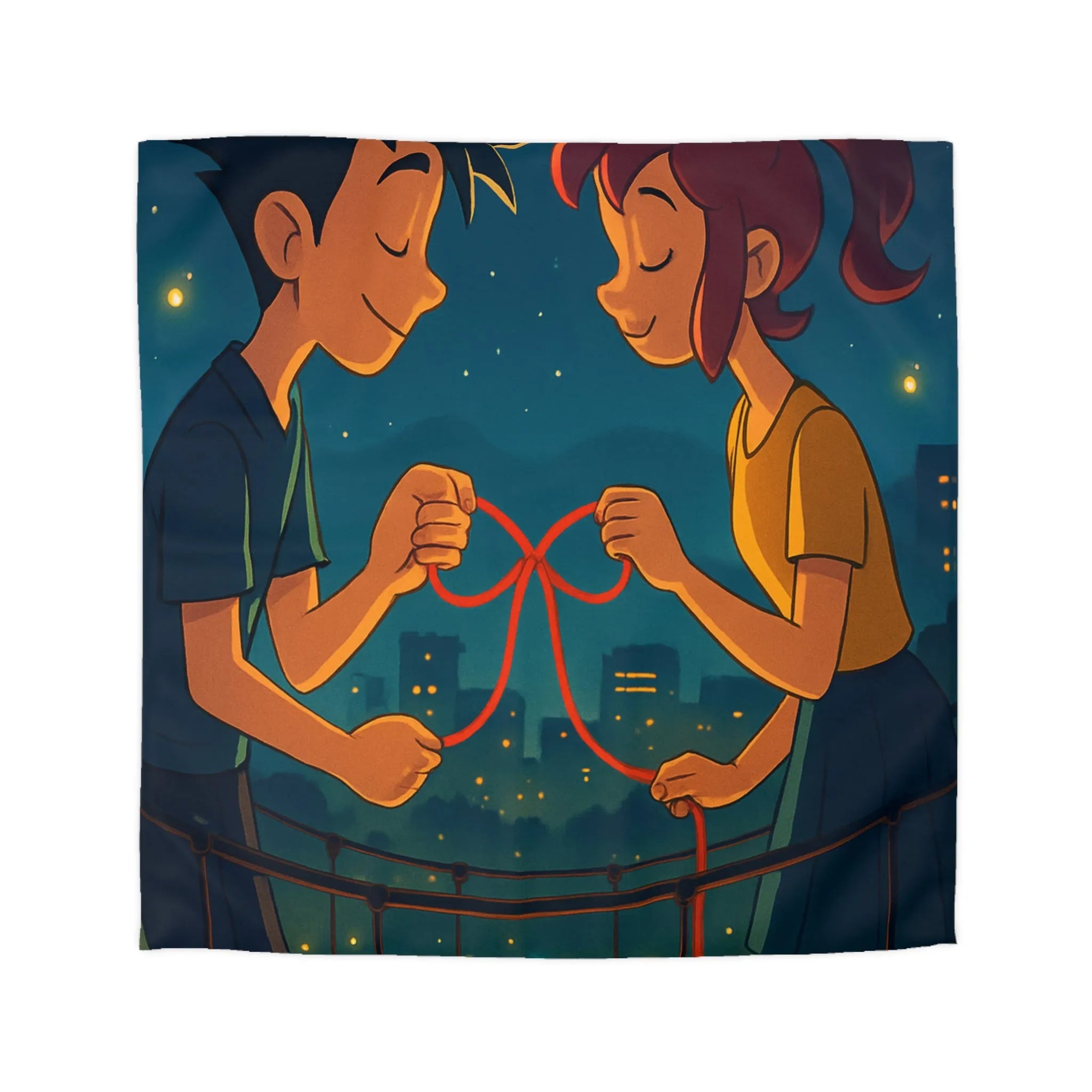 Housse de couette animée couple amoureux sur pont au-dessus d'une ville étoilée