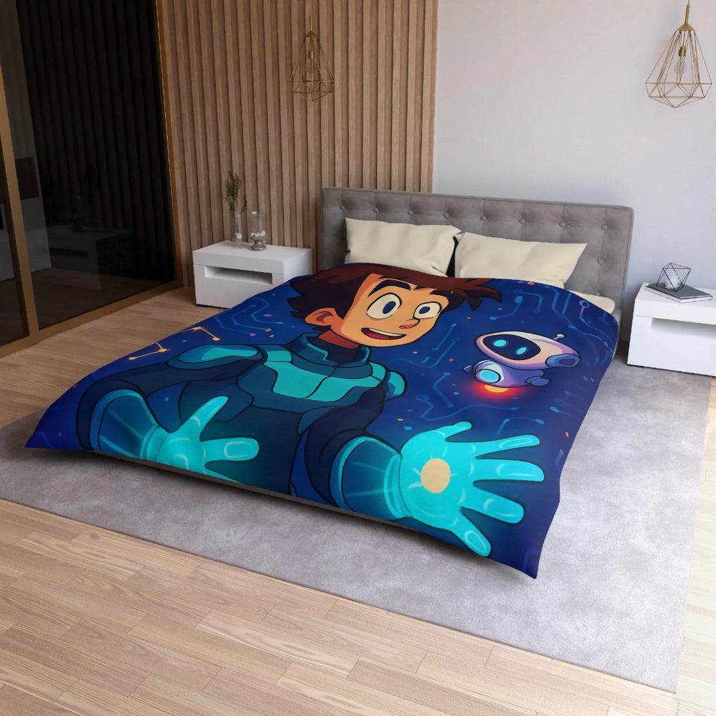Housse de couette futuriste avec jeune héros et robot dans espace numérique éclatant