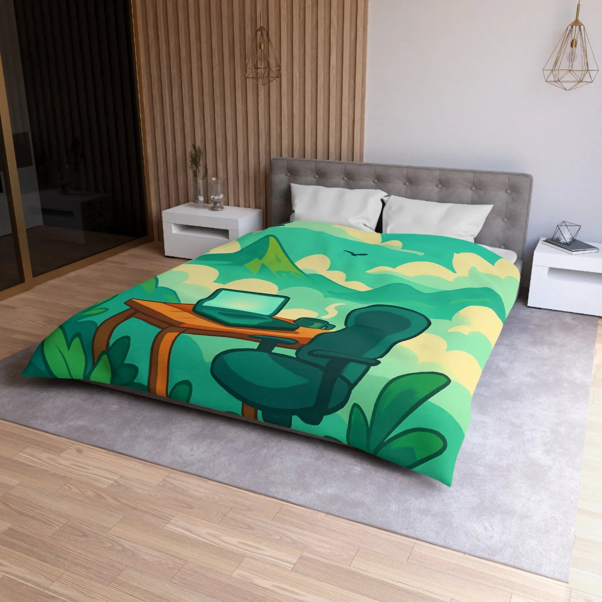 Housse de couette avec paysage de montagne, nature verdoyante, bureau et ciel serein