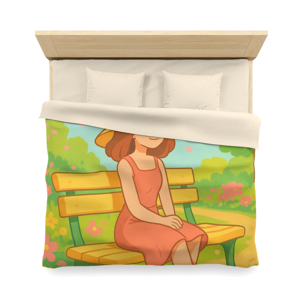 Housse De Couette Motif Printanier Banc Fleurs Ciel Bleu Style Illustration Paisible