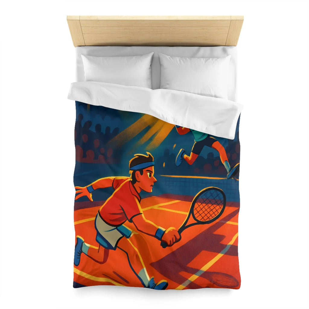 Housse de couette dynamique illustrant un match de tennis intense sous projecteurs éclatants