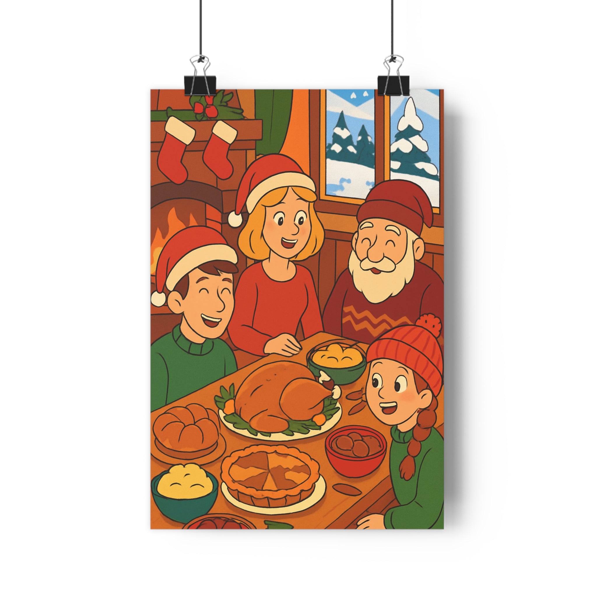 Poster décoratif cartoon chaleureux hiver festif rouge blanc cheminée salon cuisine famille paysage qualité