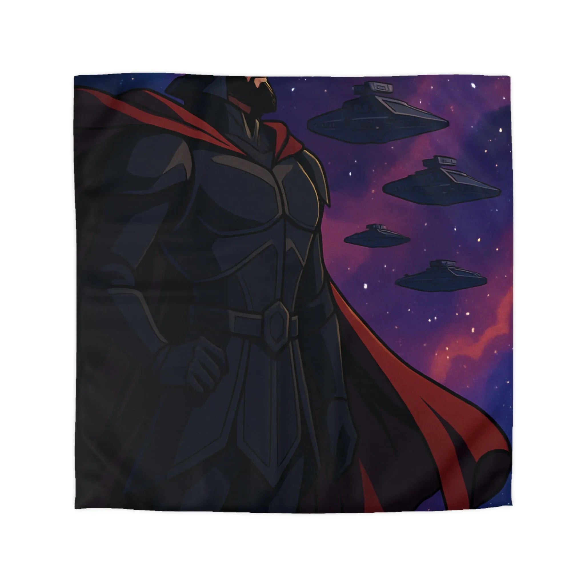 Housse de couette épique guerre galactique avec personnage en cape et vaisseaux spatiaux