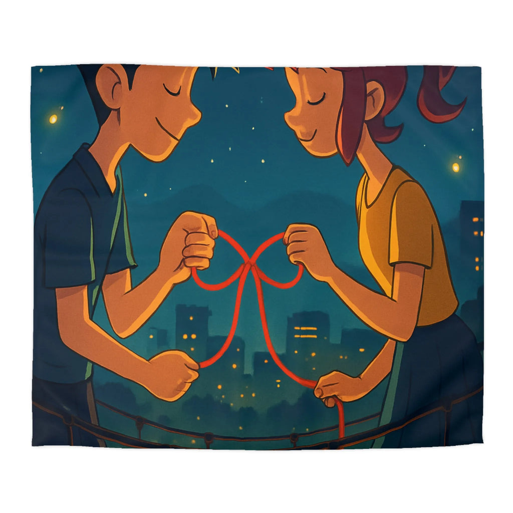 Housse de couette animée couple amoureux sur pont au-dessus d'une ville étoilée