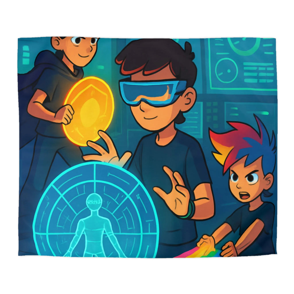 Housse de couette colorée avec enfants explorant un monde futuriste numérique et lumineux