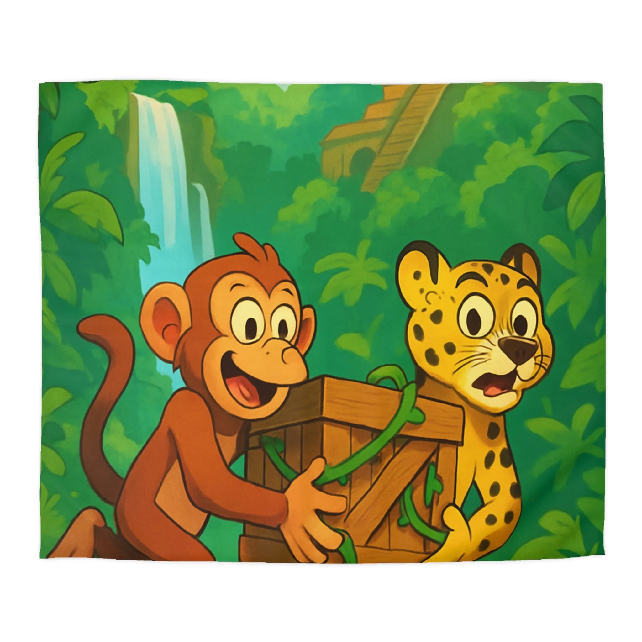 Housse de Couette Jungle Aventure: Singe et Léopard En Explorateurs Cachés dans La Forêt