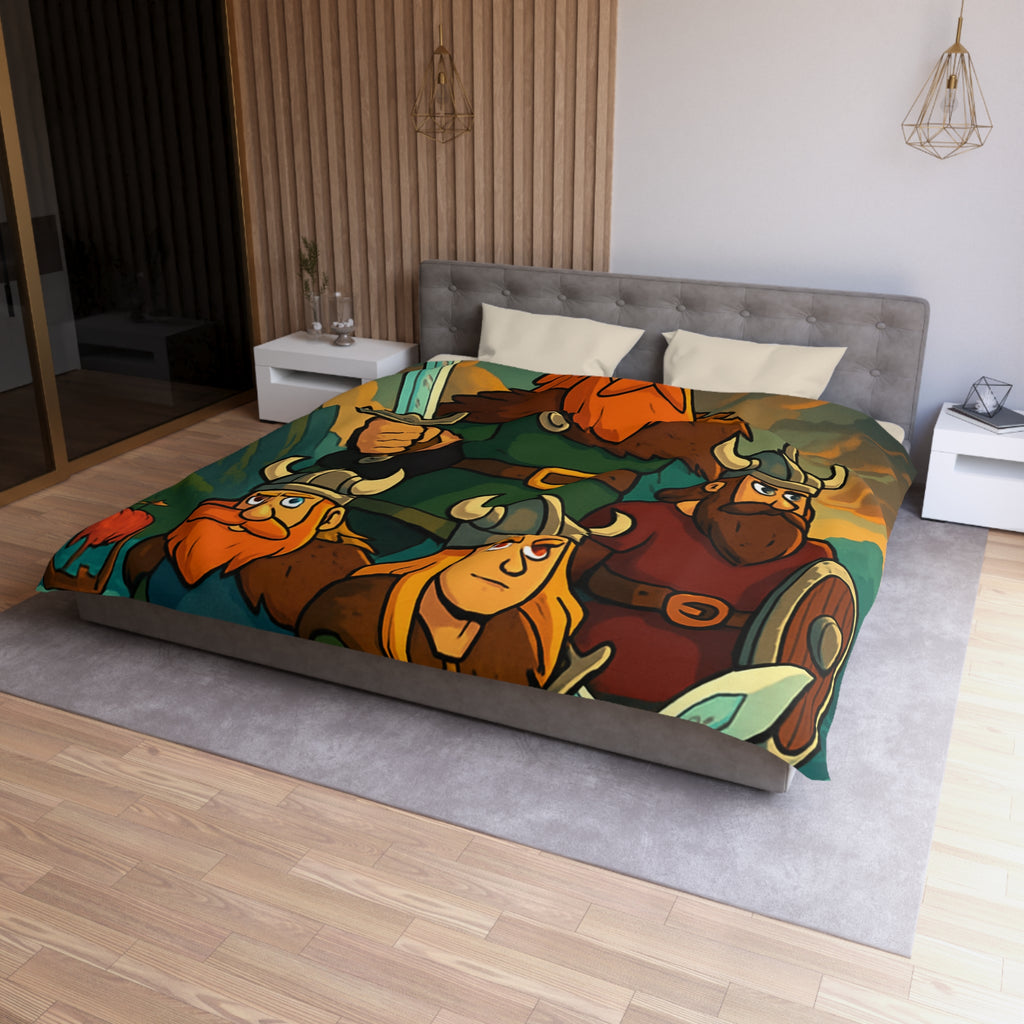Housse de couette viking épique avec des guerriers et paysage dramatique