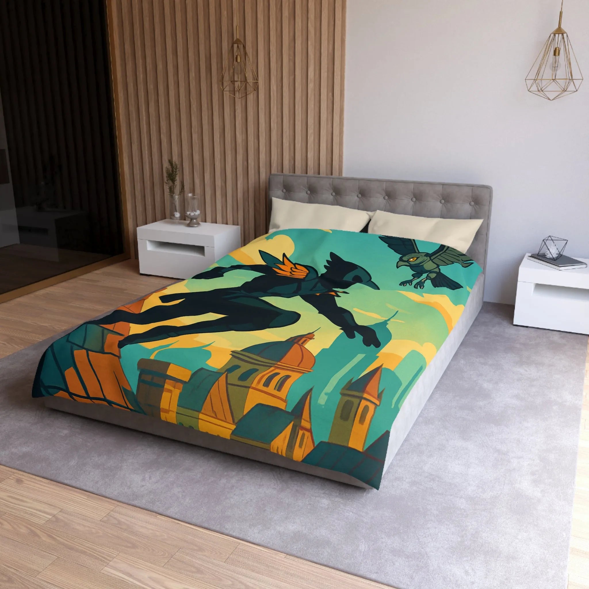 Housse de couette artistique avec silhouette et oiseau sur un toit urbain animé