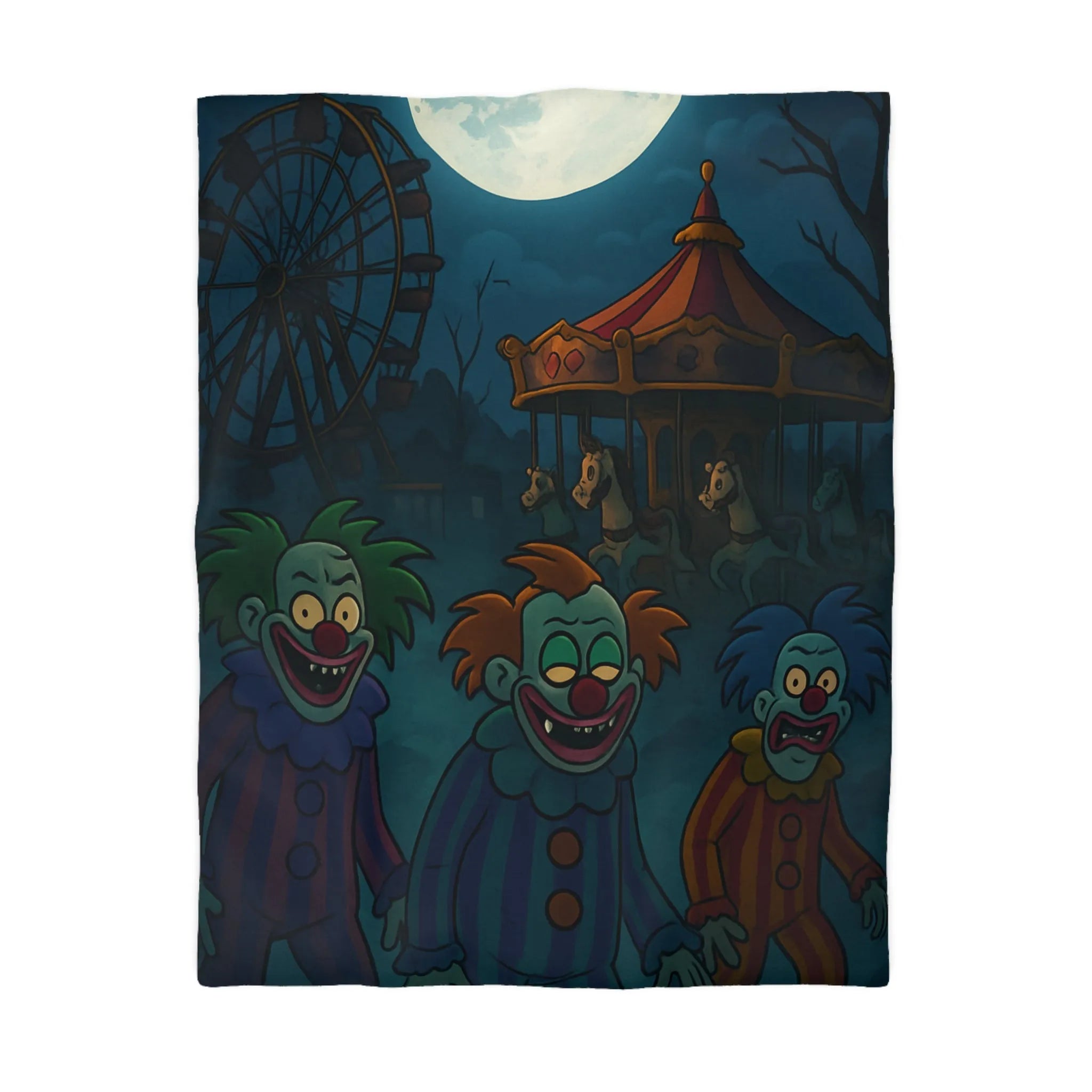 Housse de couette effrayante avec clowns sinistres et pleine lune, ambiance terrifiante