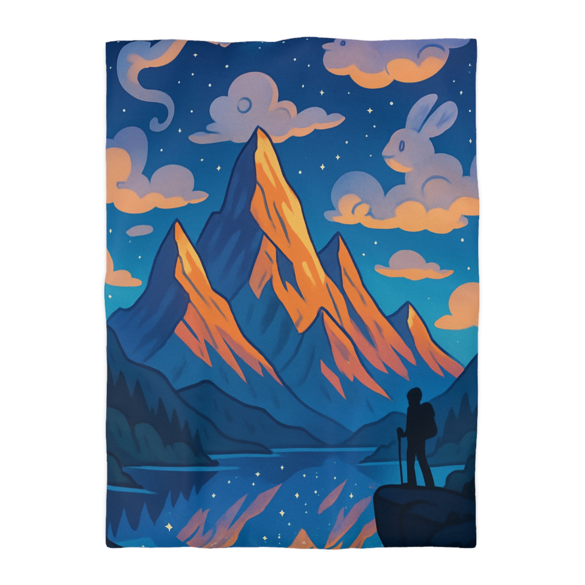 Housse de couette montagne magique avec nuages en forme d'animaux dans le ciel nocturne