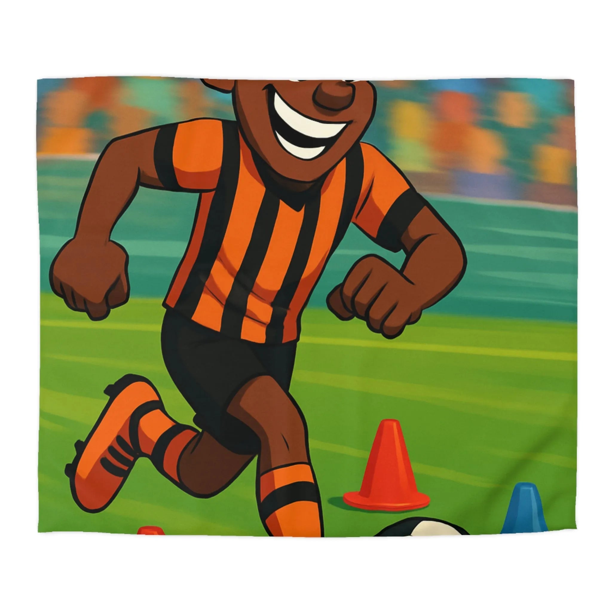 Housse de couette football enfant dynamique avec joueur souriant en action colorée
