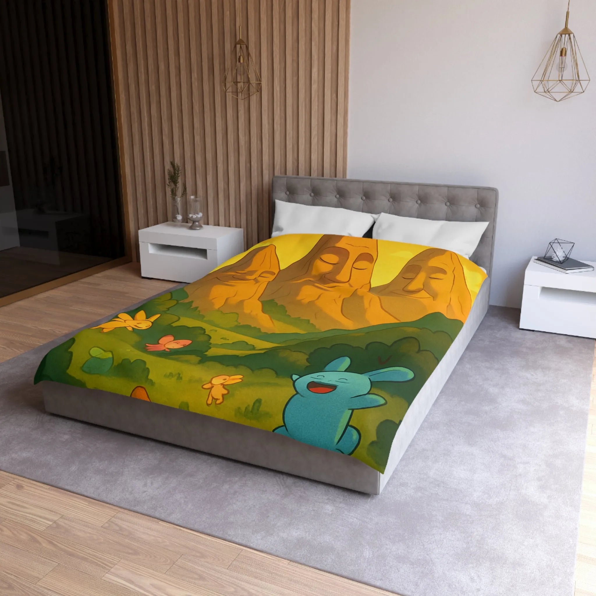 Housse de couette enfantine avec créatures en forêt sous montagnes souriantes au coucher de soleil