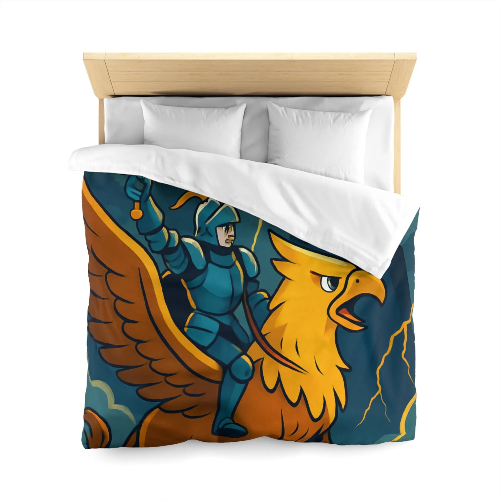 Housse de Couette Fantaisie avec Chevalier et Griffon Volant Devant Château Mystérieux