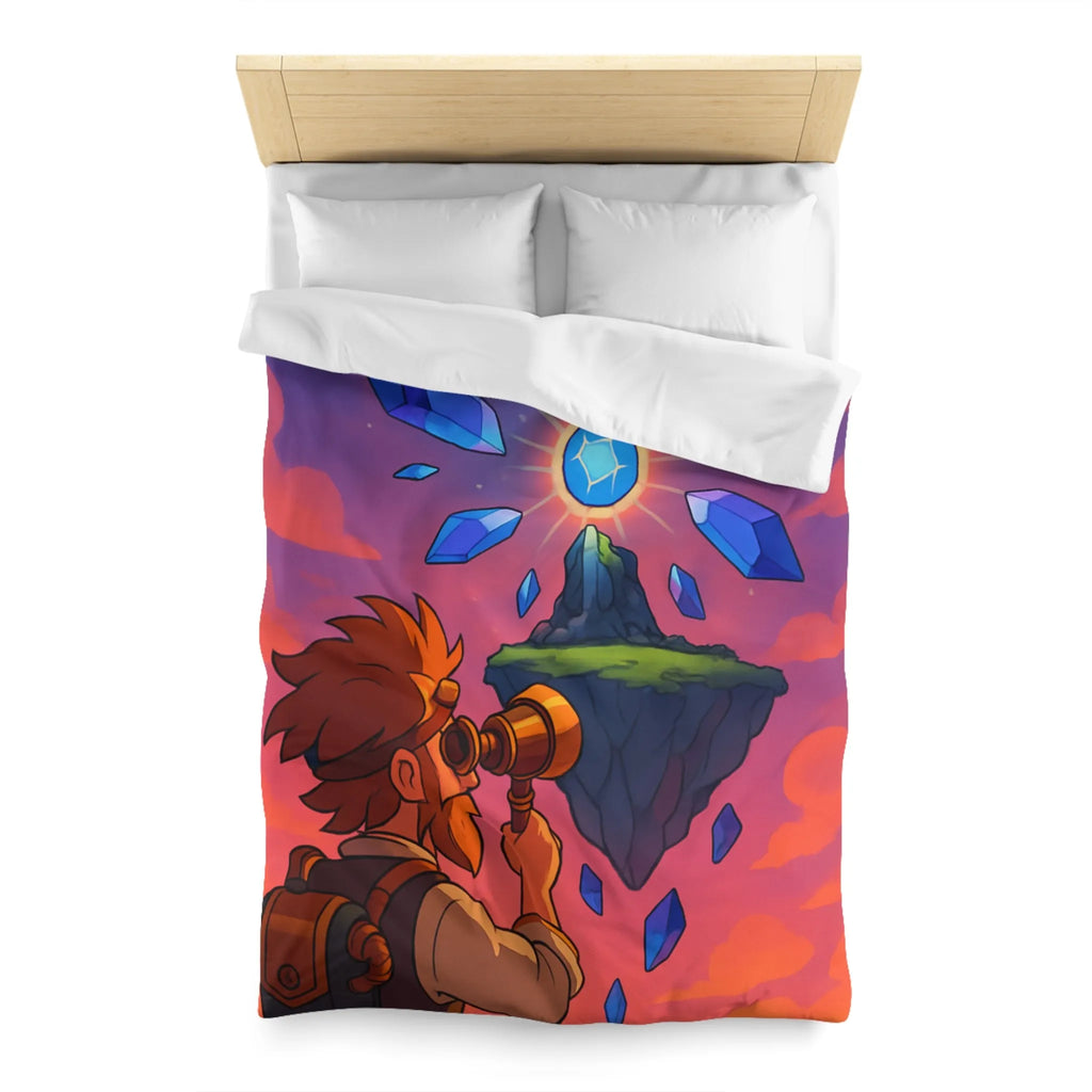 Housse de couette aventure fantastique avec cristaux flottants et scientifique explorateur