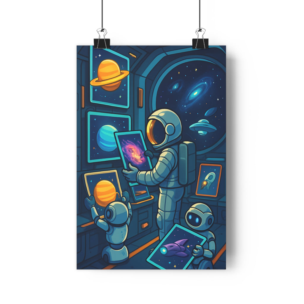 Poster décoratif futuriste bleu orange dessin animé astronaute robots galaxie chambre enfant aventure moderne
