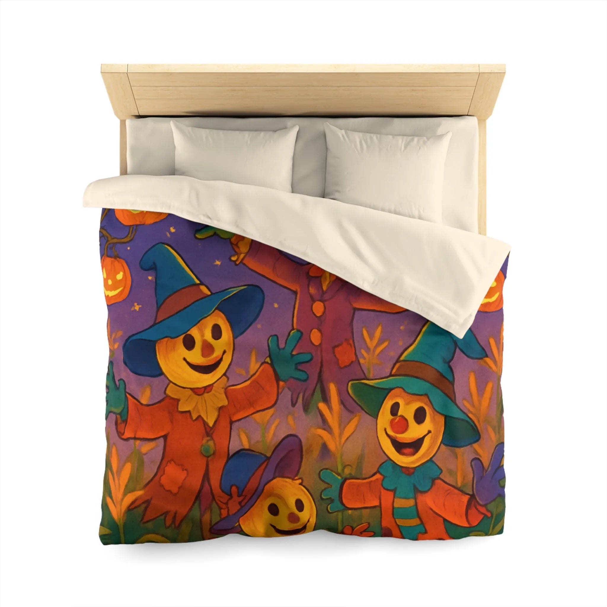 Housse de couette joyeux épouvantails et citrouilles lumineuses pour ambiance festive et colorée
