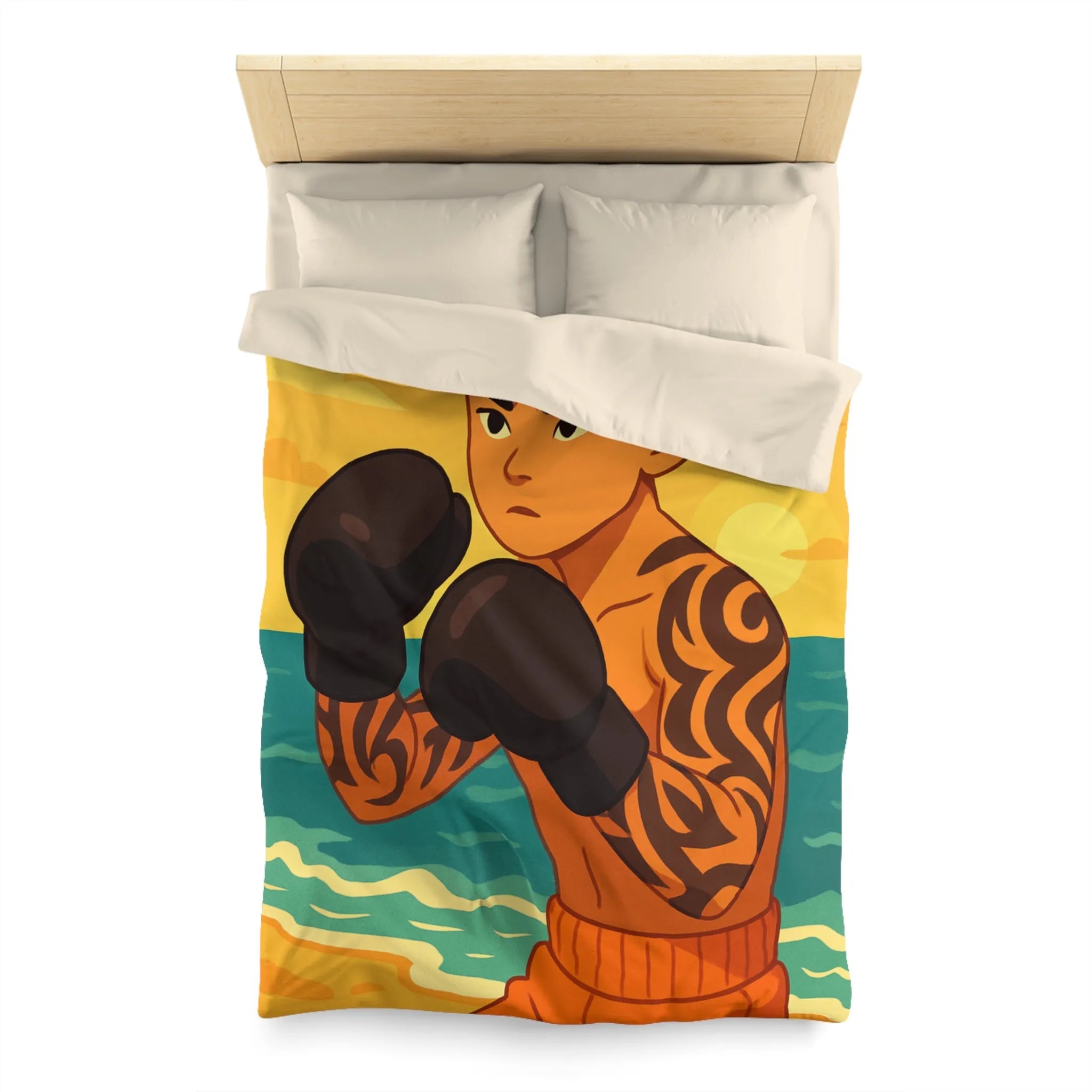 Housse de Couette Boxeur sur Plage Tropicale avec Coucher de Soleil et Mouettes Volantes