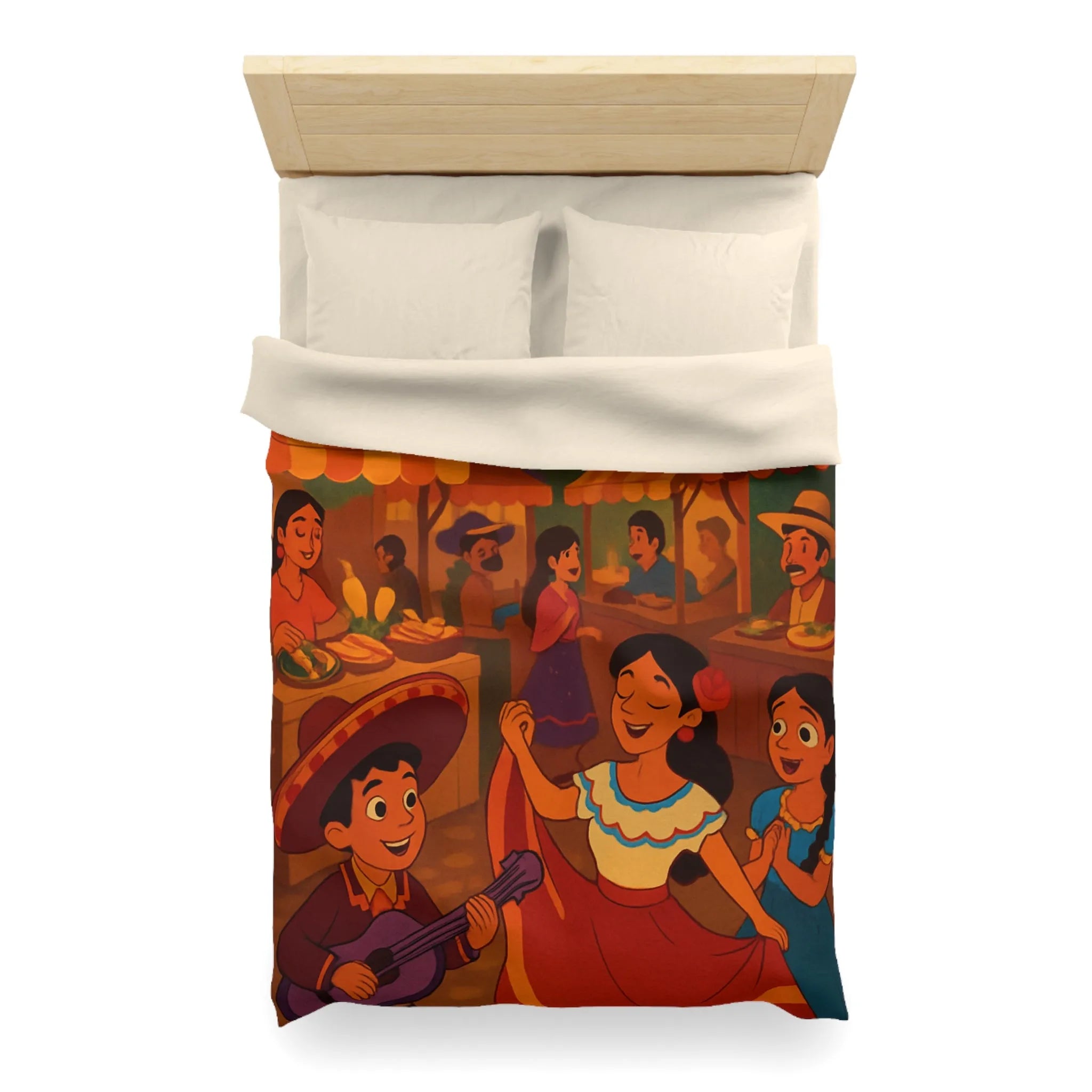 Housse de Couette Illustrée avec Scène Festive Colorée du Marché Nocturne Traditionnel