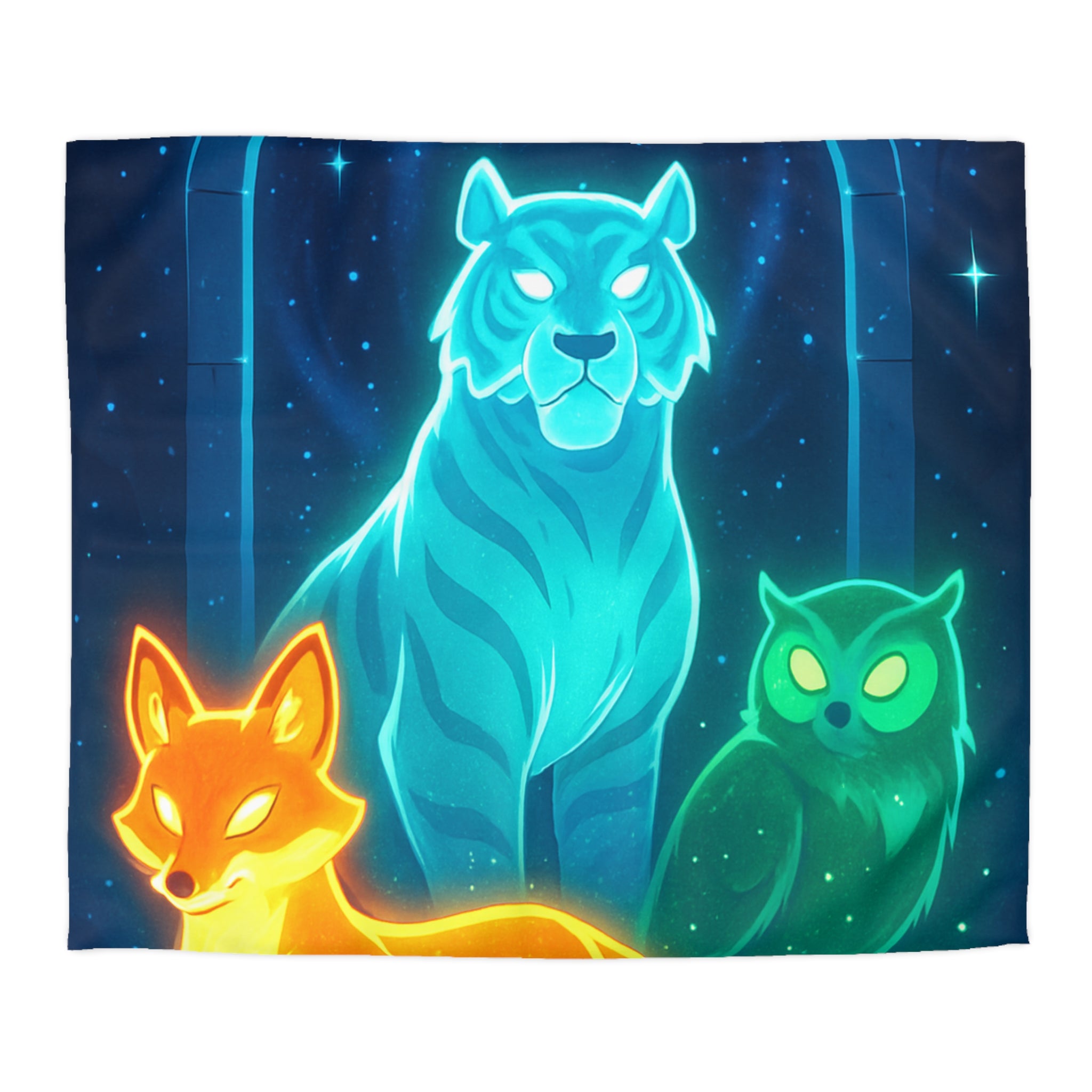 Mystérieuse housse de couette avec renard orange, tigre bleu, et hibou lumineux