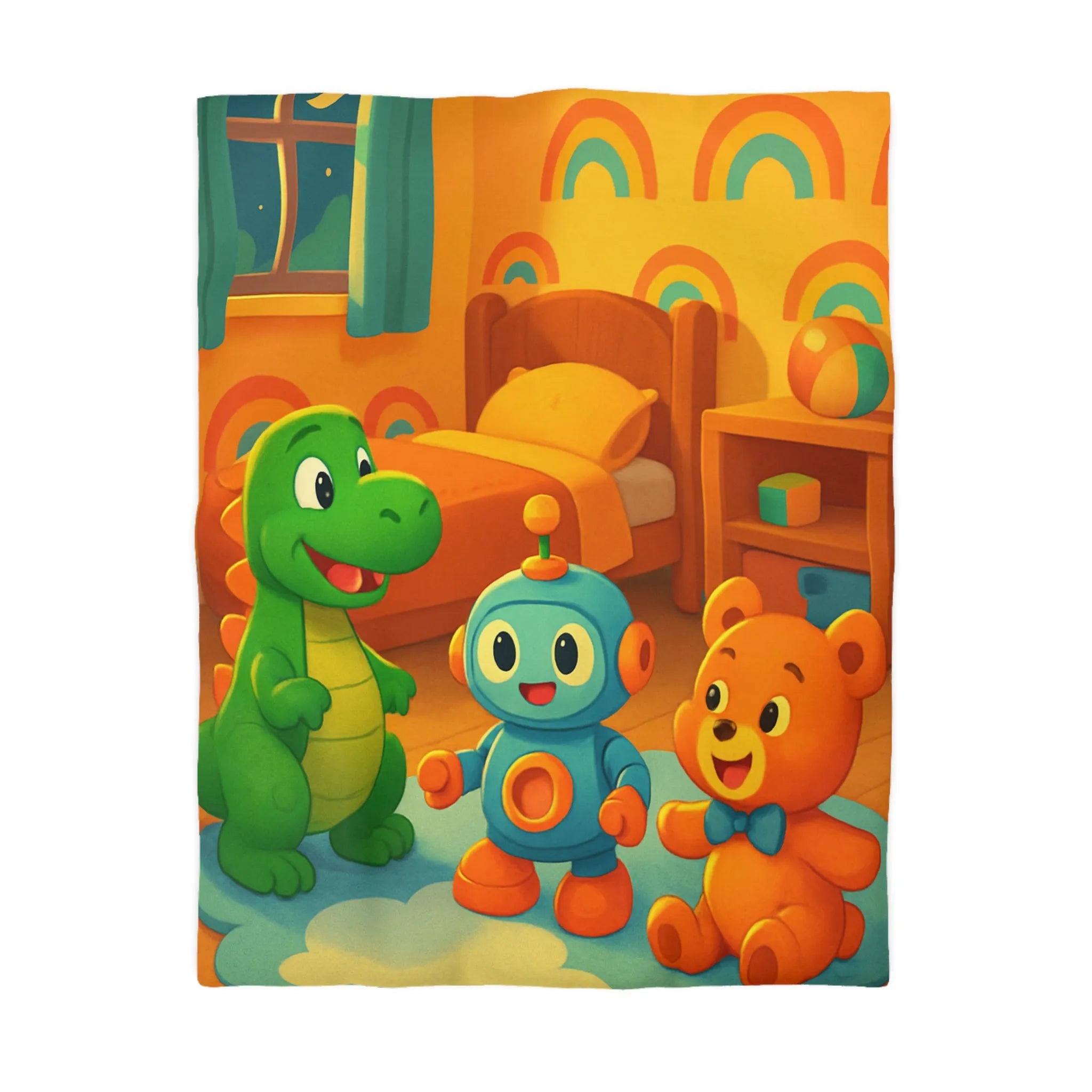 Housse de Couette Enfant Dinosaure, Robot et Ours Orange avec Arc-en-Ciel Coloré