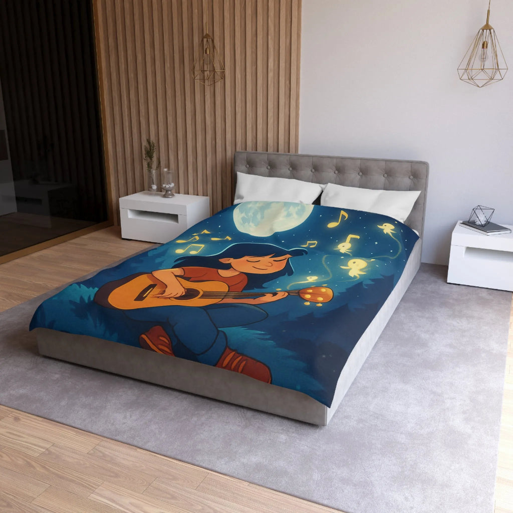Housse de couette enchantée avec enfant jouant de la guitare sous la pleine lune