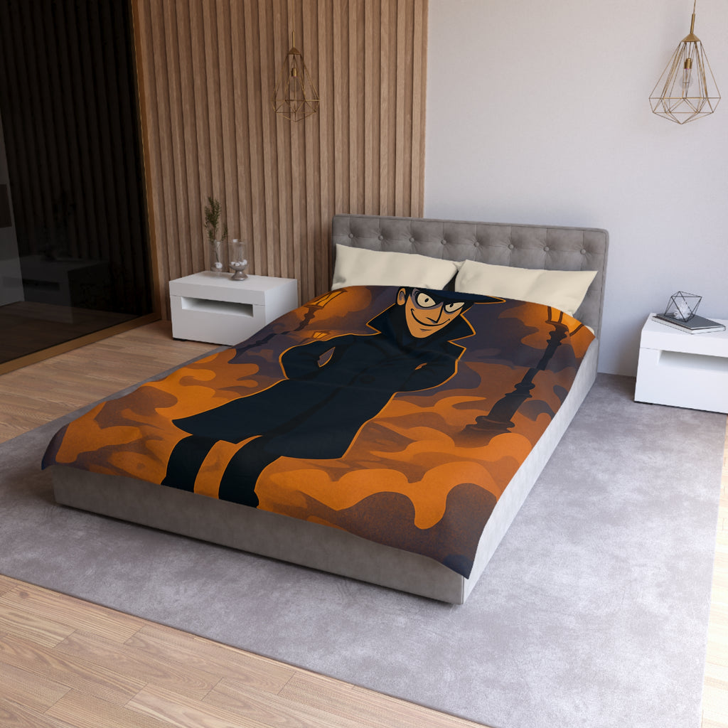 Housse de couette mystique détective en noir, décor urbain nocturne éclairé de lampadaires