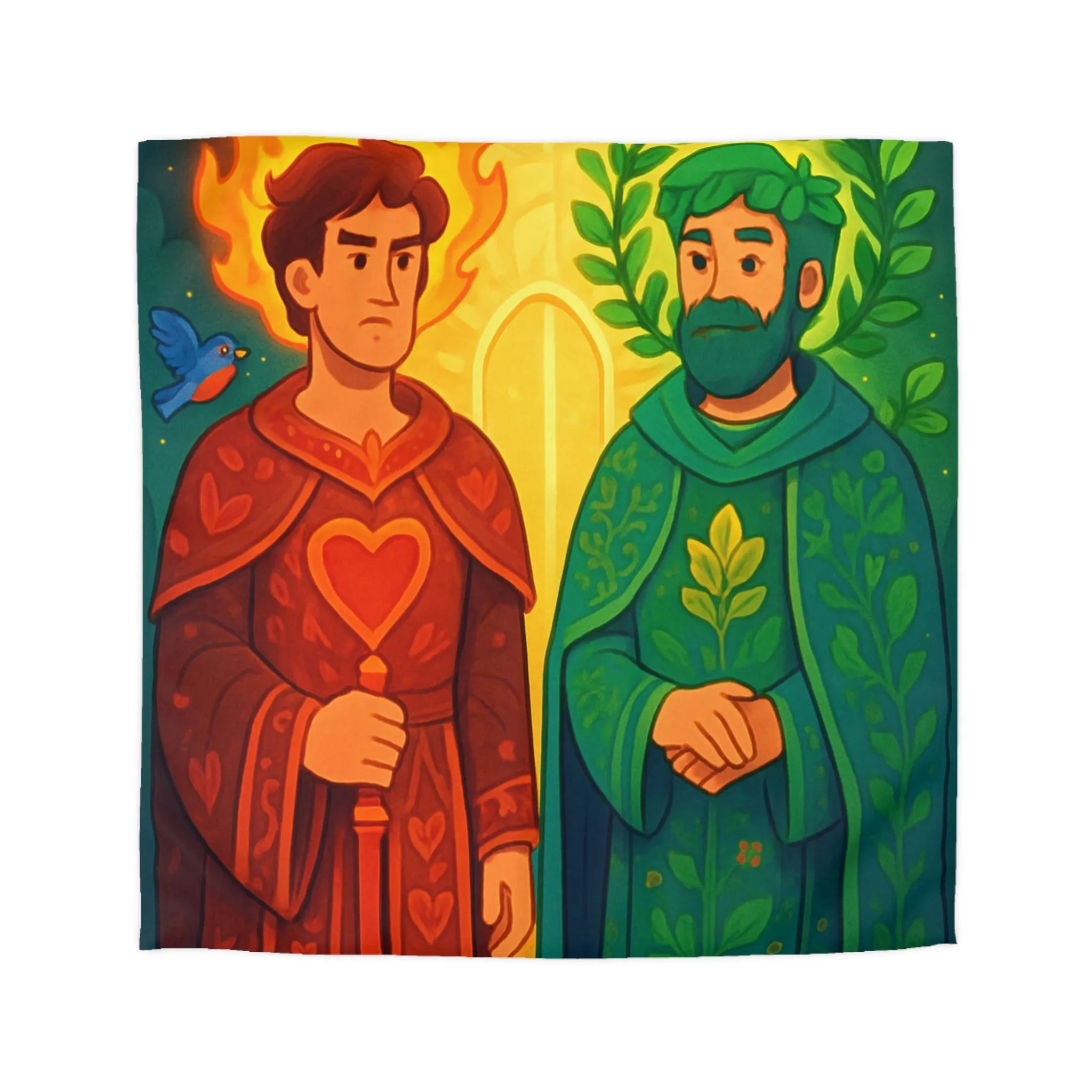 Housse de Couette Colorée avec Illustration Médiévale de Personnages Mystiques et Oiseaux Enchantés