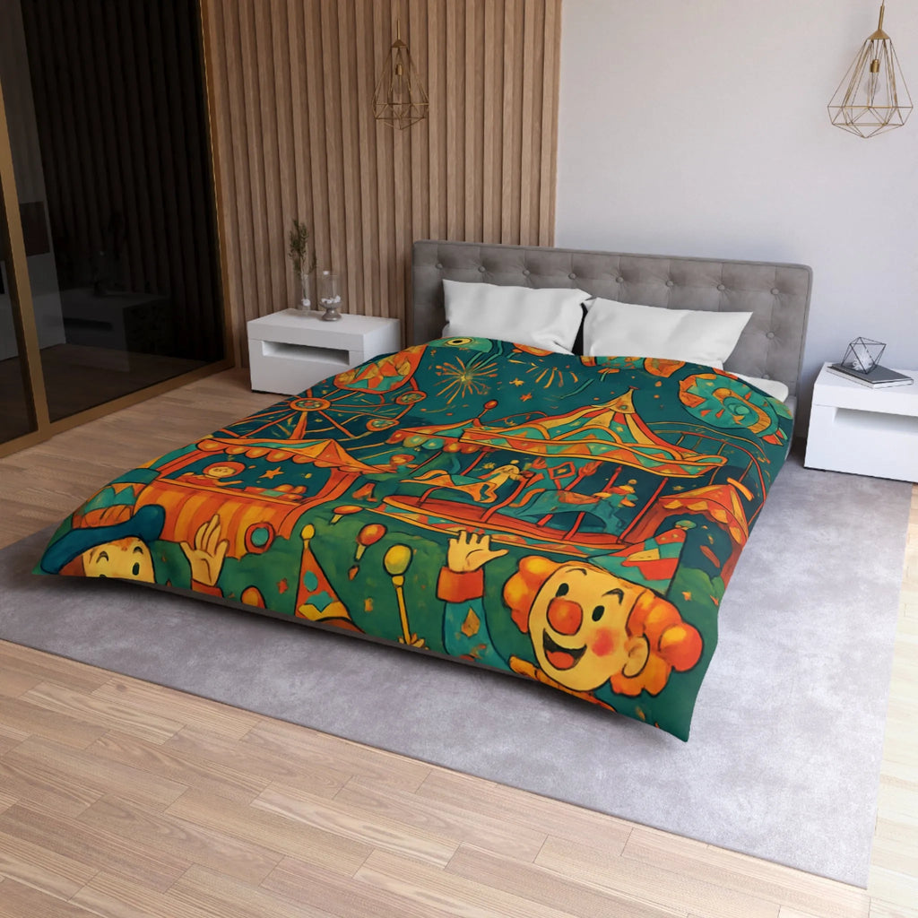 Housse de Couette Enfantine Colorée Fête Foraine avec Manège et Clowns Heureux