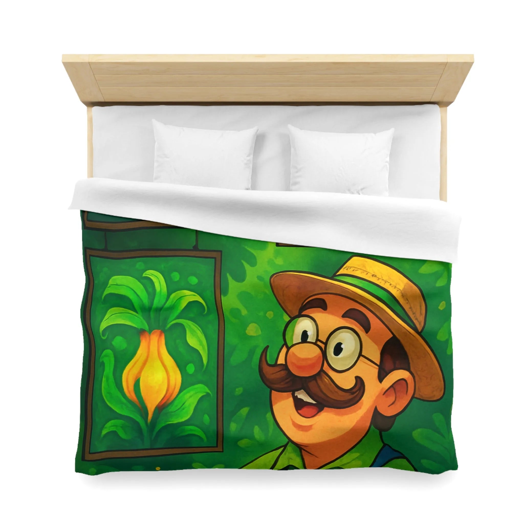 "Housse de Couette Motif Tropical avec Fleurs Exotiques et Jardinier Heureux Illustré"