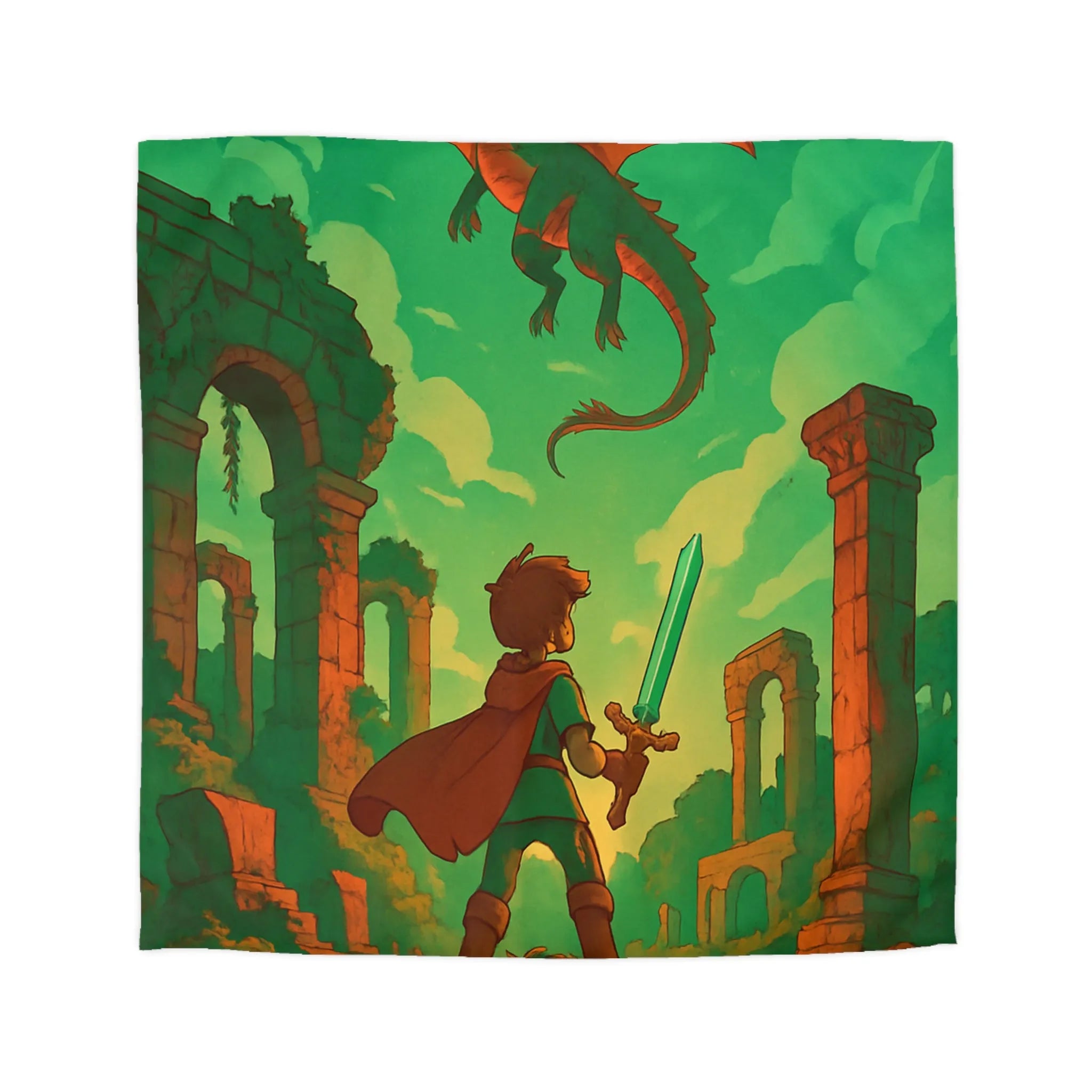 Housse de couette avec chevalier brave et dragon volant dans ruines anciennes