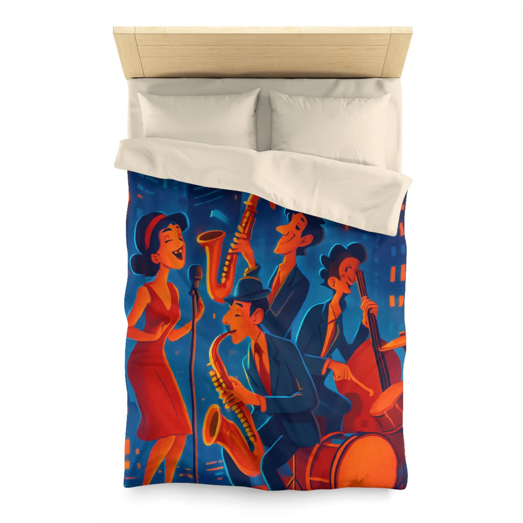 Housse de couette jazz rétro avec chanteuse et musiciens devant gratte-ciels éclairés