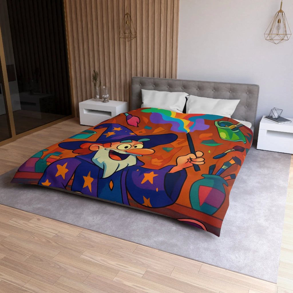 Housse de couette magique colorée avec sorcier et peinture arc-en-ciel vibrante