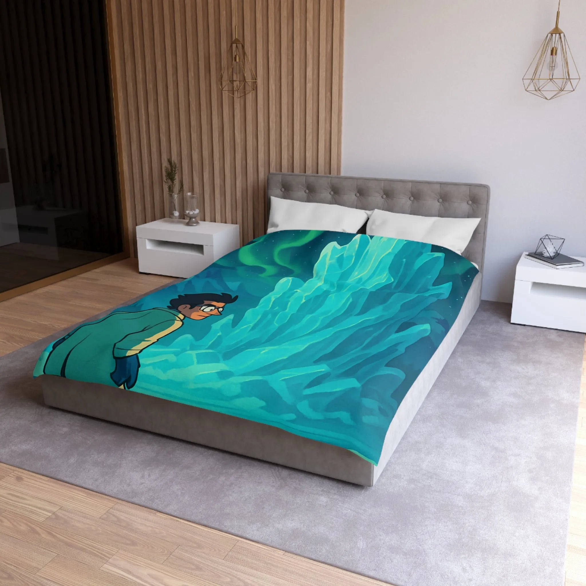 Décor polaire avec icebergs géants et exploration nocturne sous aurores boréales glaciales