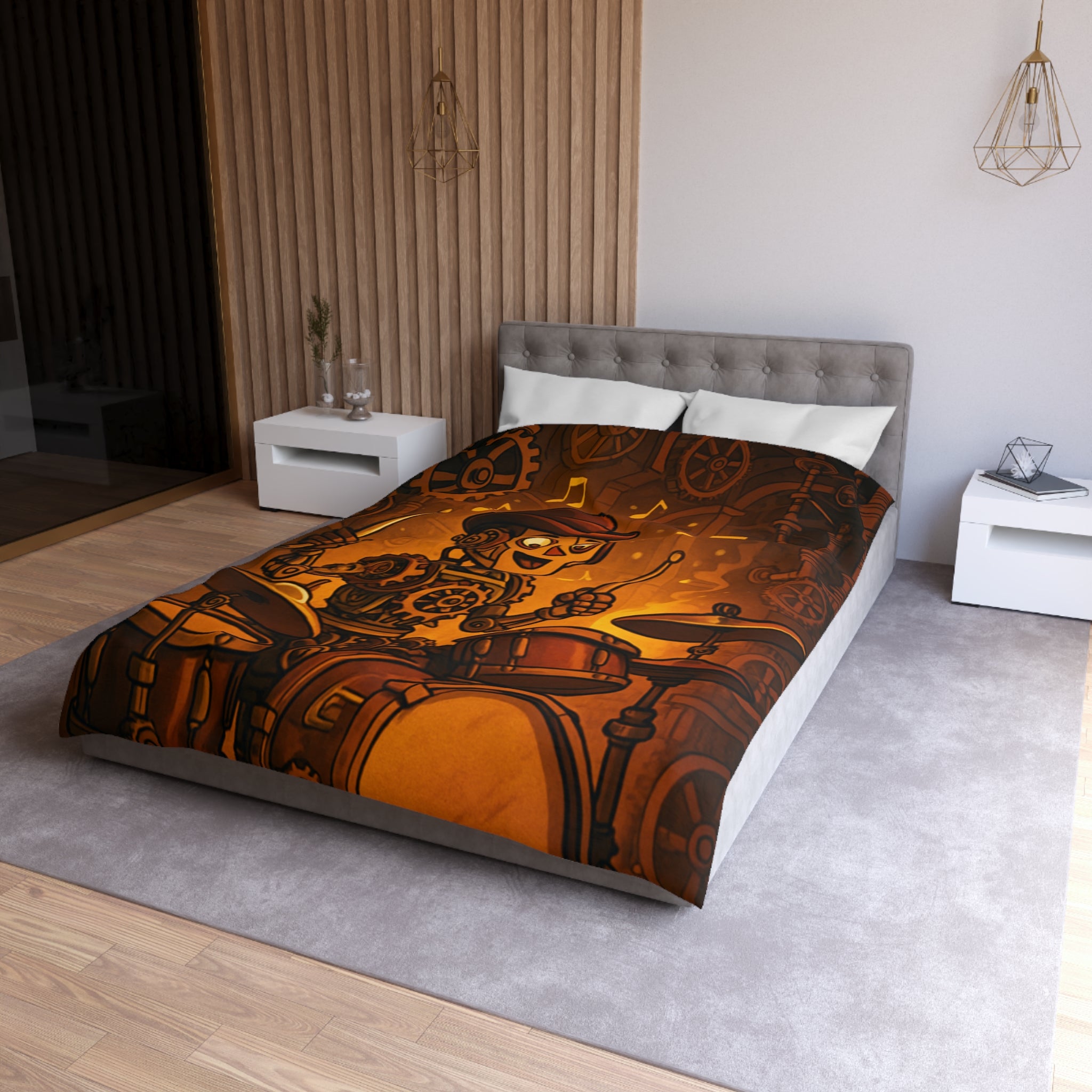 Housse de couette steampunk robot joueur de batterie pour chambre artistique et moderne