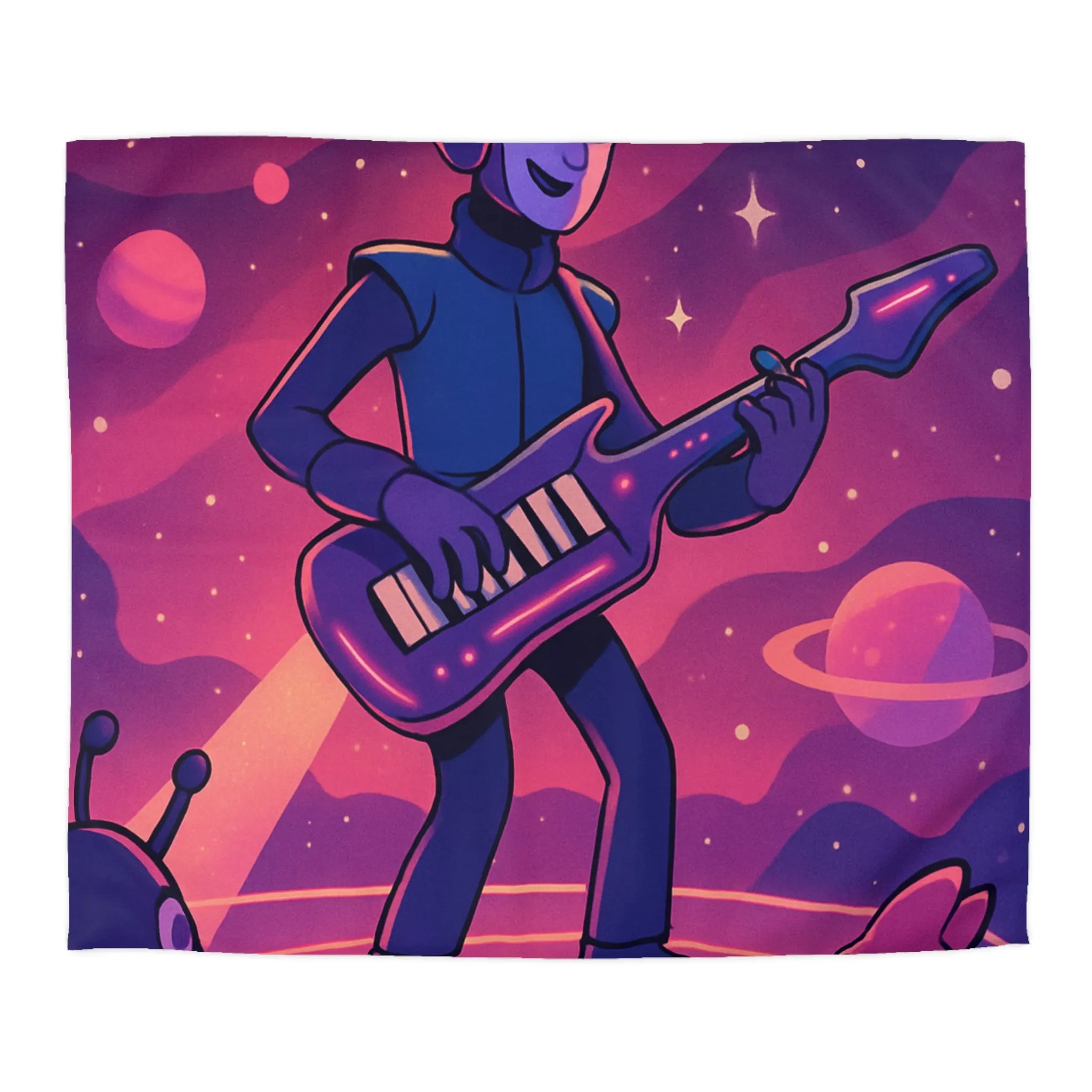 Housse de couette colorée avec astronaute jouant de la guitare dans l’espace cosmique magique