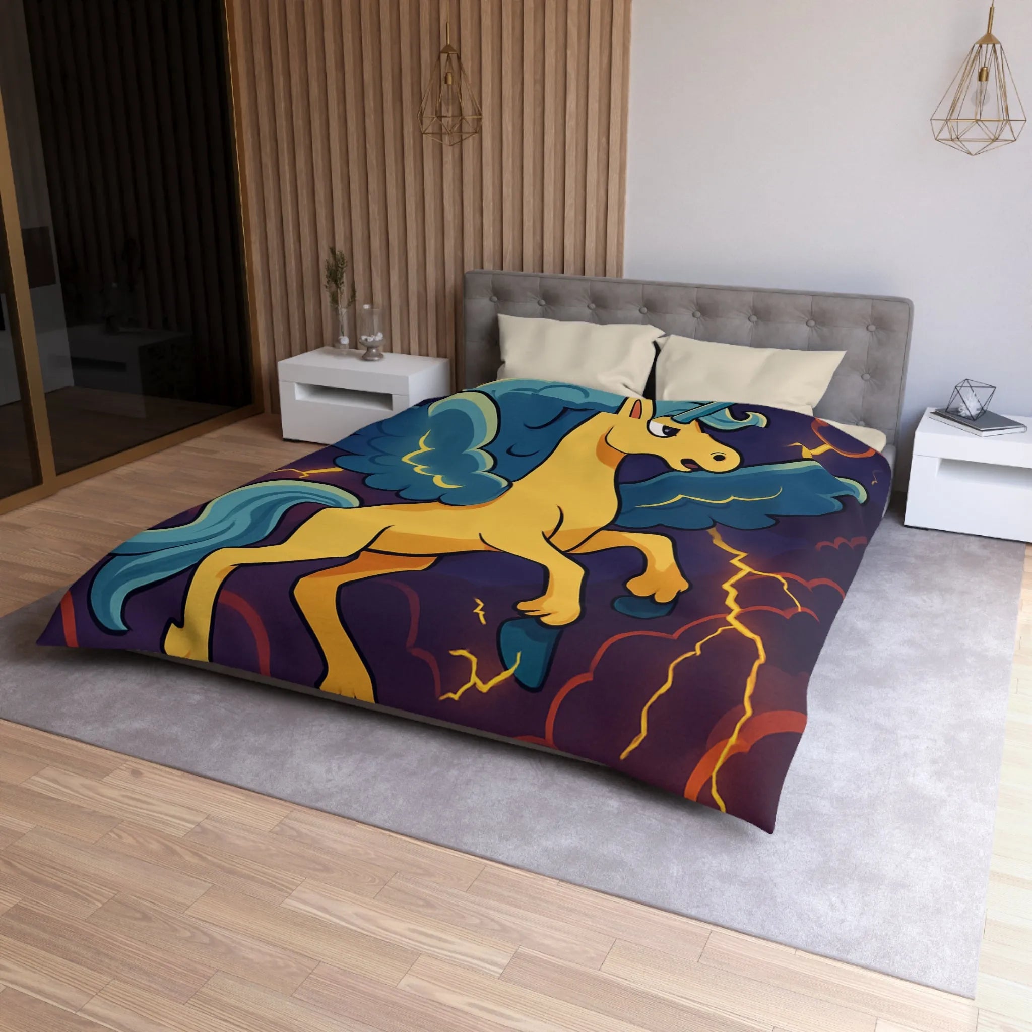 Housse de Couette Fantaisie Licorne Ailée avec Nuages Orageux et Éclairs Majestueux