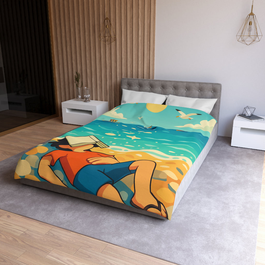 Housse de couette plage relaxante avec enfant, livre et mouettes en été ensoleillé