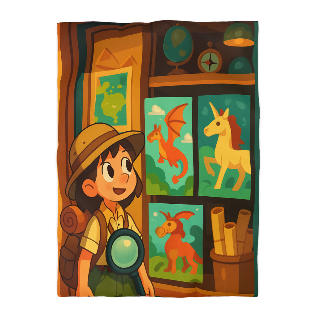 Housse de couette thème exploration avec dragon et licorne pour chambre enfant