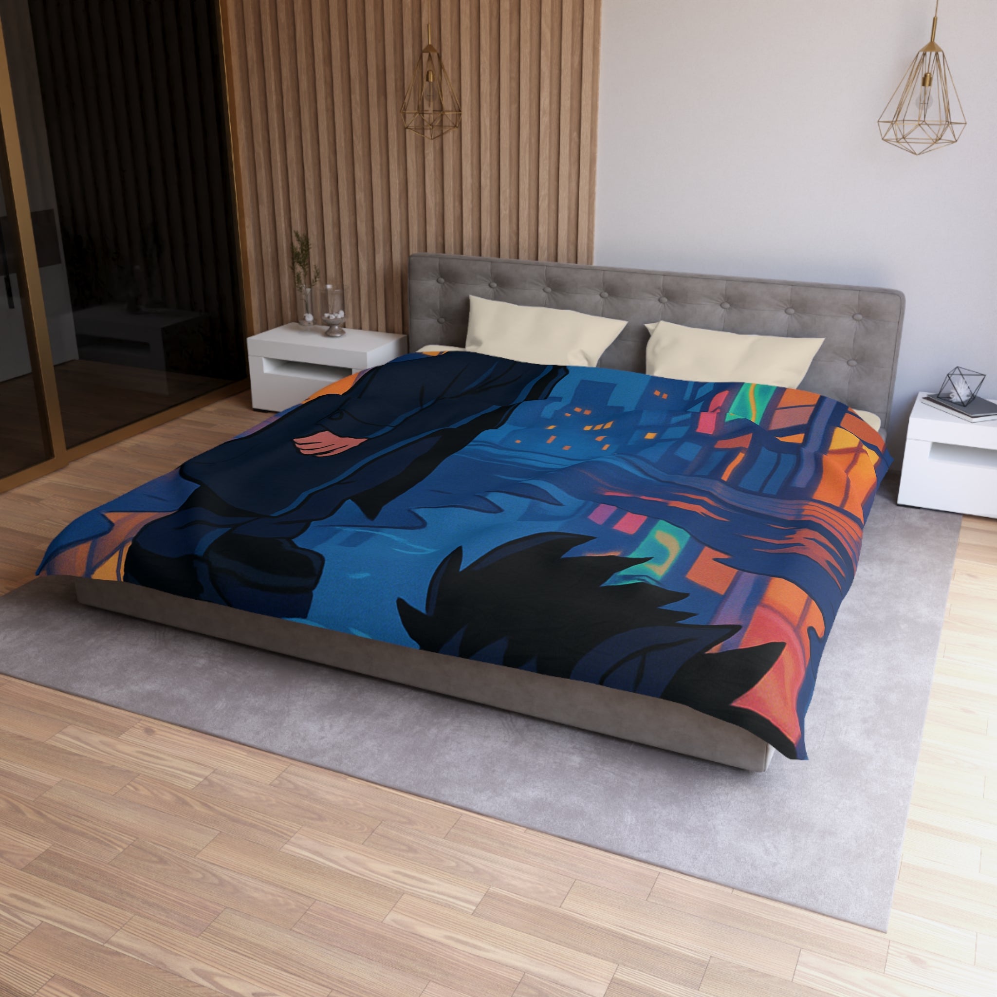 Housse de couette urbaine avec reflet mystérieux dans une rue animée la nuit