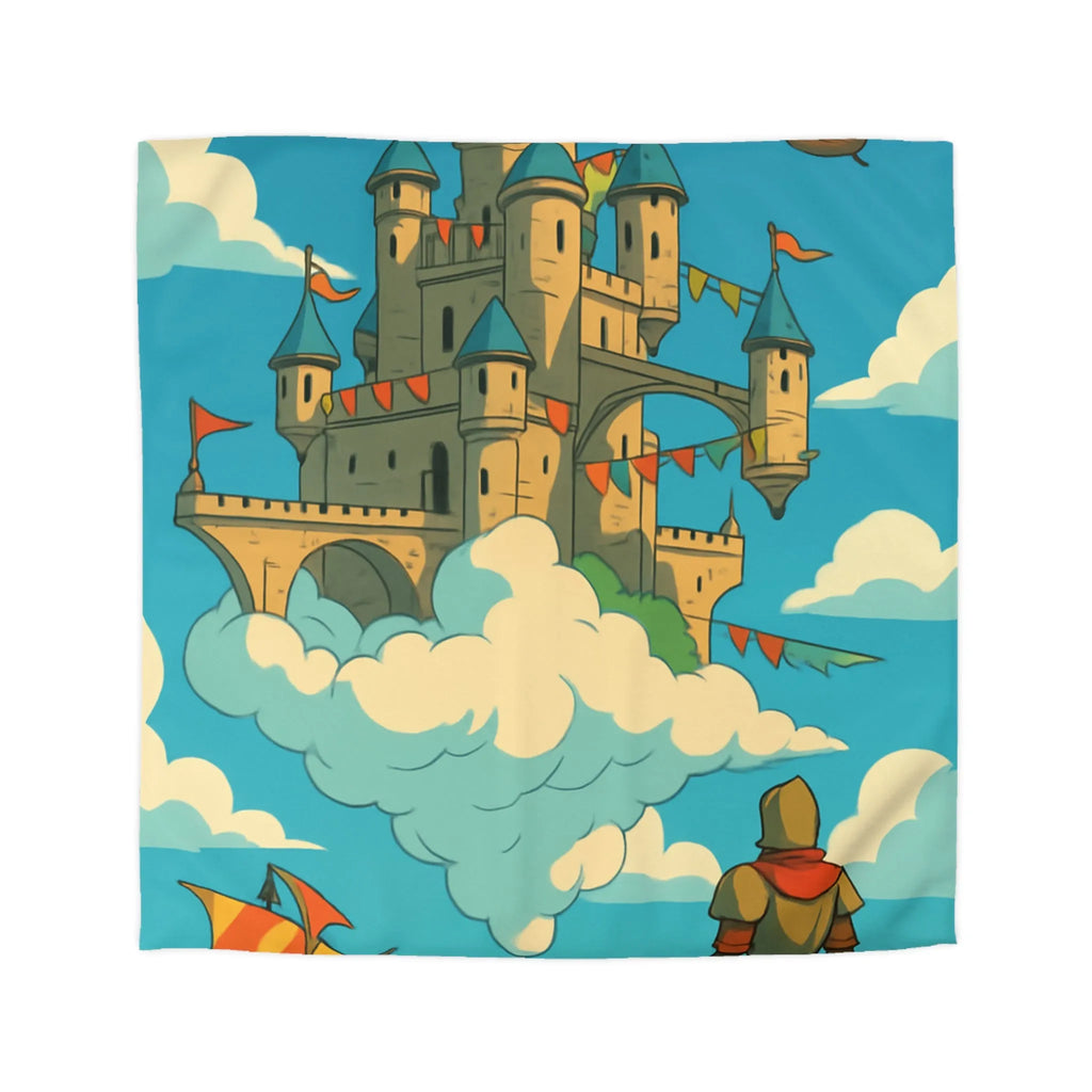 Housse de couette avec château flottant dans le ciel, style fantaisie aventure.