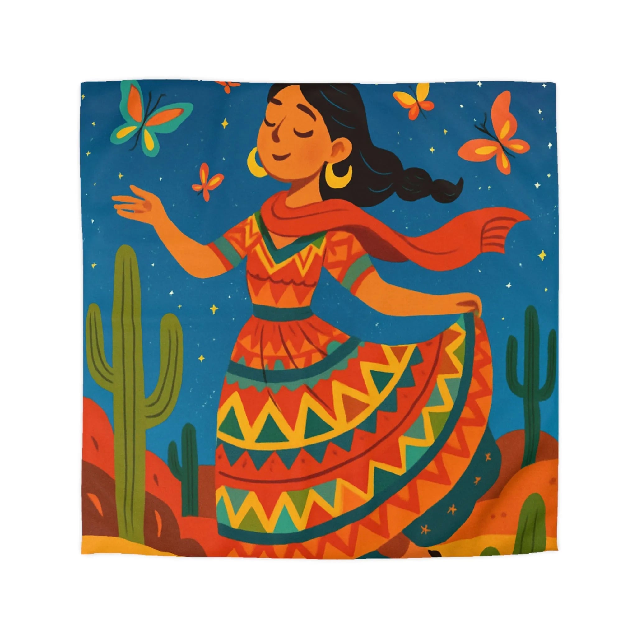 Housse de couette design vibrant danseuse avec papillons et paysage désert étoilé