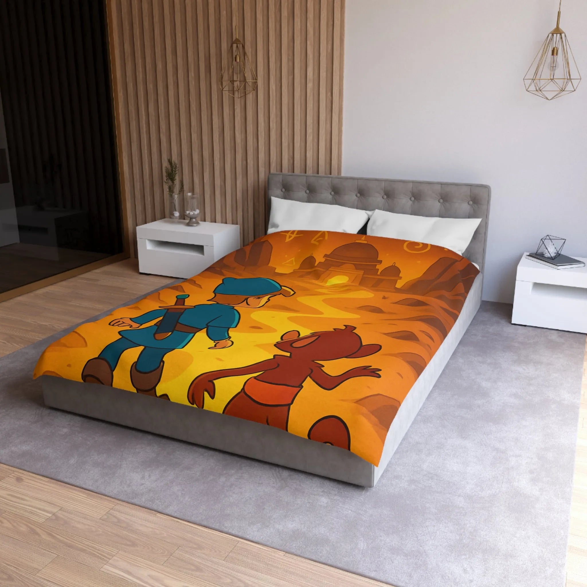 Housse de Couette Aventure Épique Enfantine avec Enfant et Singe dans Désert Mystique