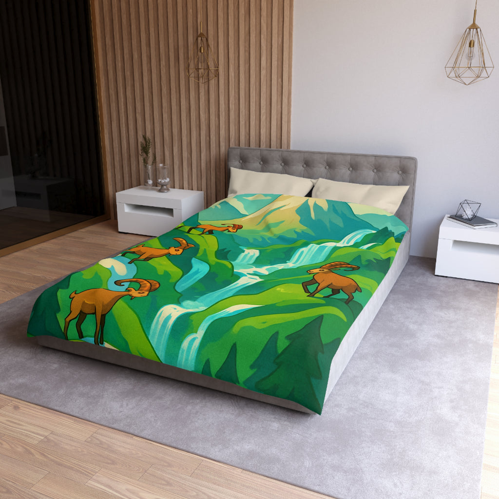 Housse de couette montagneuse avec bouquetins et cascades pour chambre paisible