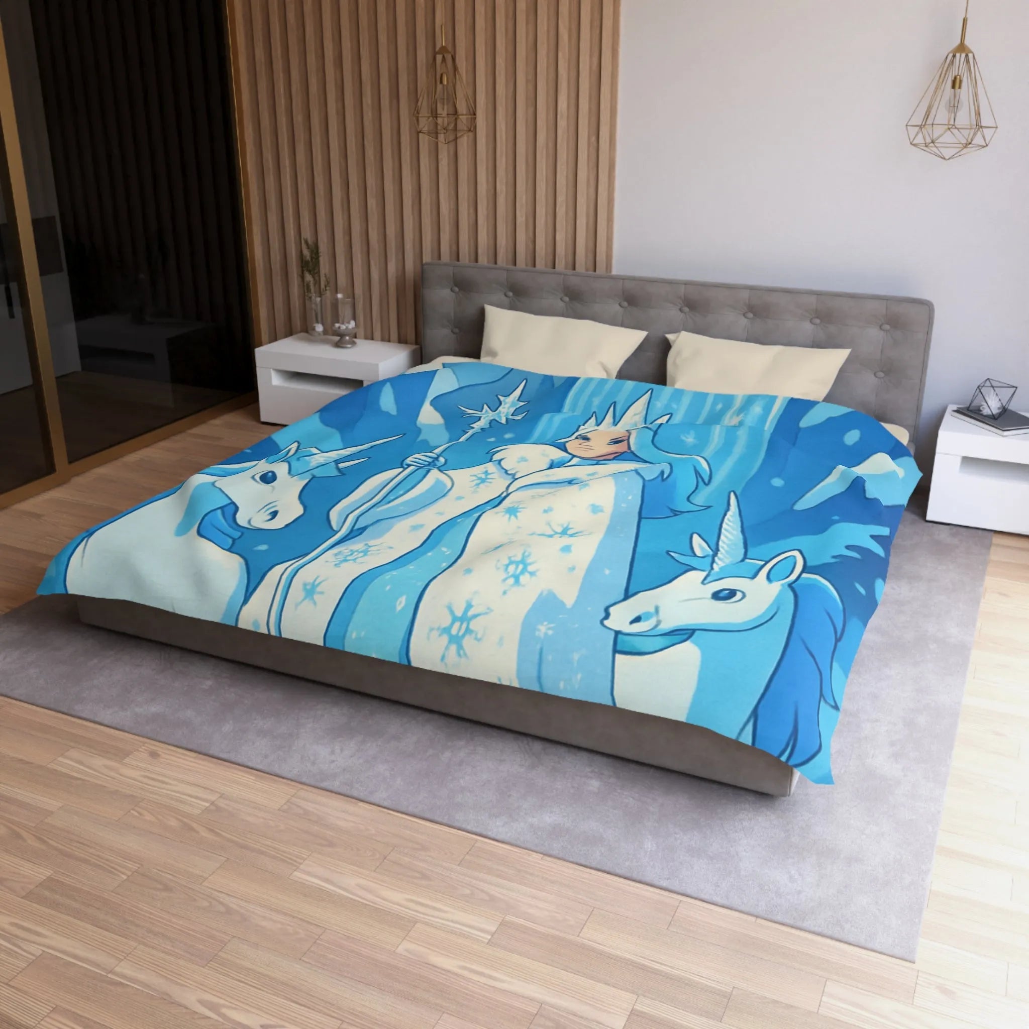 Housse de couette féerique avec reine des neiges, licornes et cascade magique