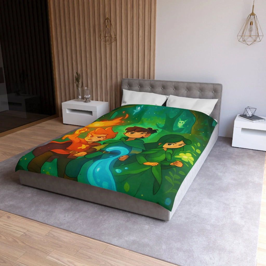 Housse de couette enchantée avec personnages magiques dans une forêt lumineuse et colorée